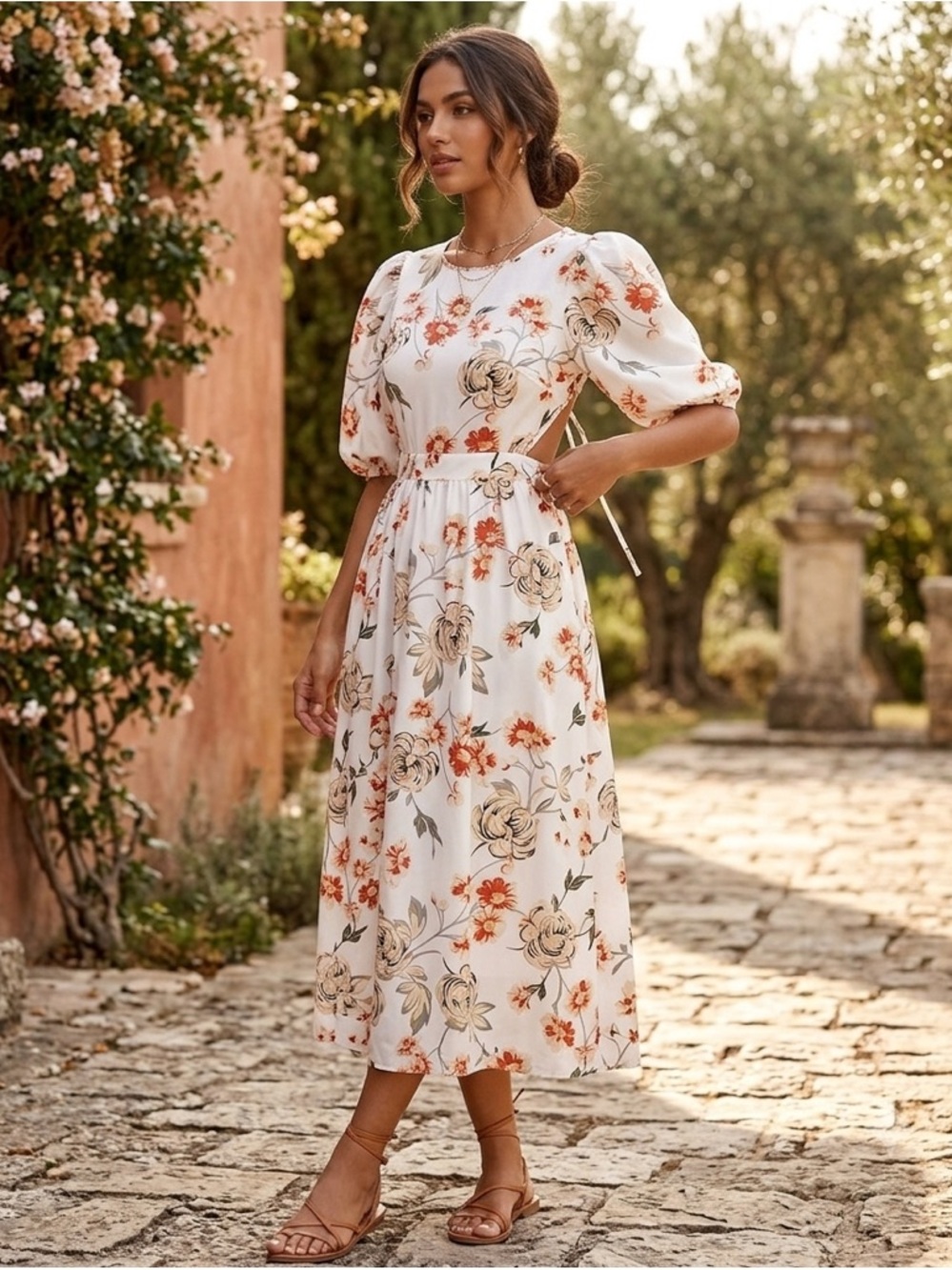 SHEIN Floral Print Cut Out Back Puff Sleeve MIDI Dress. Size XL 12